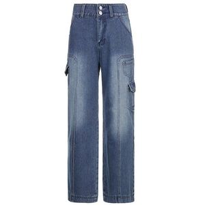 Blue High-Waist Washed Cargo Wide-Leg Jeans